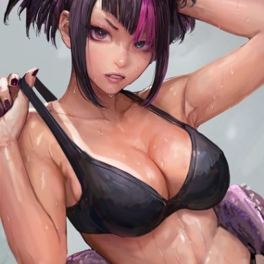 street fighter, juri han, michemashu, 1girls, armpits, athletic, bare shoulders, belly, belly button, bra, bra lift, breasts, cleavage, clothing, collarbone