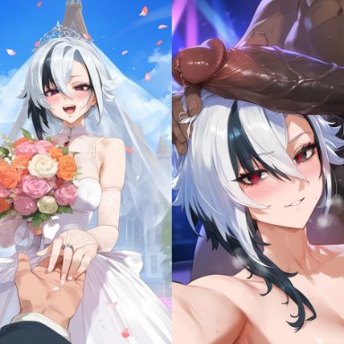 genshin impact, arlecchino (genshin impact), lewdqueen, 1girls, 2boys, affair, black hair, black male, blush, bouquet, breasts, cheating, cheating on wedding day, cheating wife, church