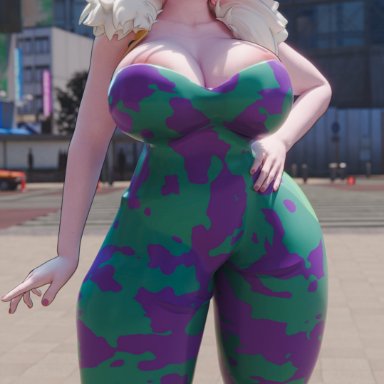 my hero academia, mina ashido, superhentaimaster9000, 1girls, alternate breast size, bare shoulders, big breasts, black sclera, bodysuit, boots, breasts, building, camo print, city, clenched teeth