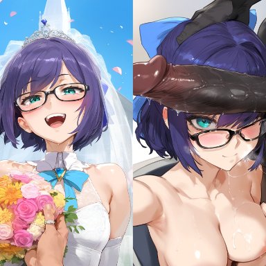 hololive, hololive japan, hololive staff, a-chan (hololive), lewdqueen, before and after, black male, black penis, blue eyes, blue hair, blue sky, blush, breast, breasts, breasts out