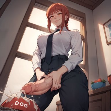 chainsaw man, makima (chainsaw man), idel art, 1futa, big breasts, big penis, bowl, clothes, cum, cumming, cumshot, dog bowl, dog food, ejaculation, erect penis