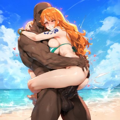 one piece, nami, nami (one piece), waifulover, 1boy, 1girls, arm tattoo, arms around neck, ass, ass grab, bald, bangs, barefoot, beach, bikini