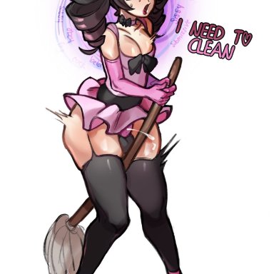 adam (sealguy), reich00, 1boy, arm gloves, black bow, black hair, black leggings, black legwear, black thighhighs, bow, broom, chastity cage, choker, cock cage, crossdressing