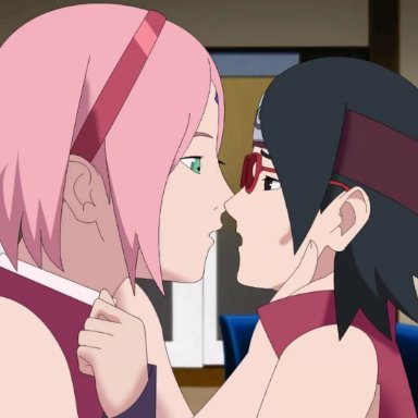 boruto: naruto next generations, naruto, naruto (series), haruno sakura, sakura haruno, sarada uchiha, uchiha sarada, optimystic, 2girls, adult, adult and teenager, adult female, age difference, black hair, daughter