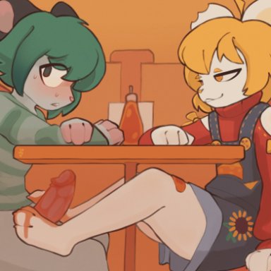 denny's, kayden (mawmain), mimi (proudmimic), joooji, 2boys, 3 fingers, 3 toes, anthro, bow, clothing, femboy, food, foot fetish, foot play, footjob