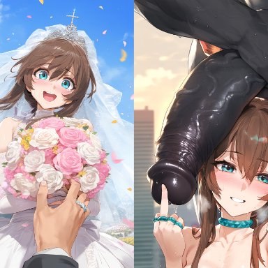 arknights, amiya (arknights), lewdqueen, 1girls, 2boys, affair, black male, blue eyes, blush, bouquet, breasts, brown hair, cheating, cheating on wedding day, cheating wife