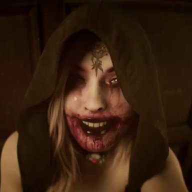 resident evil, resident evil 8: village, bela (resident evil), ethan winters, big breasts, blonde hair, blood on face, breasts, female, hoodie, licking, male pov, missionary position, mutant, pale skin