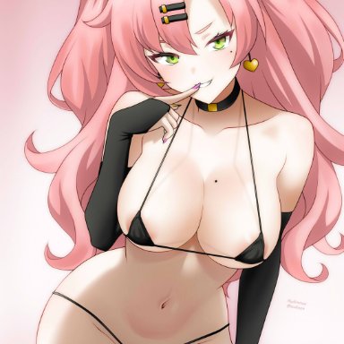 zenless zone zero, nicole demara, audirenze, 1girls, beauty mark, bikini, breasts, cleavage, detached sleeves, ear piercing, earrings, female, female only, finger to mouth, green eyes