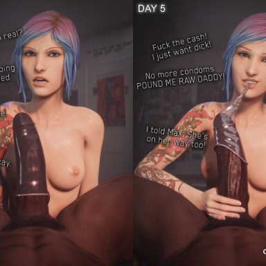 life is strange, chloe price, currysfm, 1boy, 1boy1girl, before and after, blue eyes, blue hair, cheating, condom, condom pull, condom rejection, condom removal, cucked lesbian, cuckquean