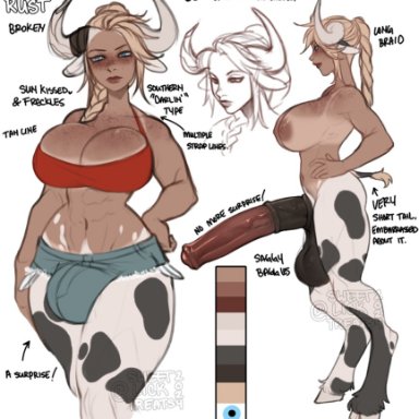 theodora rust, sweetburn, 1futa, animal genitalia, animal humanoid, animal penis, areola, balls, big breasts, blonde hair, bottomwear, bovid, bovid humanoid, bovine, bovine humanoid