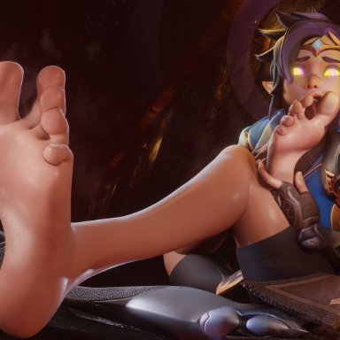 blizzard entertainment, overwatch, overwatch 2, adventurer tracer, lena oxton, tracer, syclops, 1girls, alternate costume, armor, bag, barefoot, big feet, black hair, boots