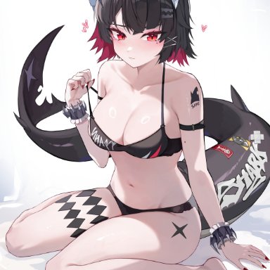 zenless zone zero, ellen joe, victoria housekeeping, kkato, alternate costume, arm strap, bare shoulders, barefoot, black bra, black hair, blush, bra, bracelet, breasts, cleavage