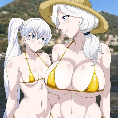 rwby, weiss schnee, willow schnee, reiichiart, 2girls, big breasts, bikini, bikini bottom, bikini top, bottomwear, breast envy, breast focus, breast size difference, breasts, cameltoe