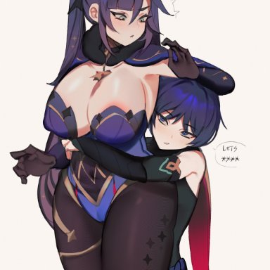 genshin impact, mona (genshin impact), scaramouche (genshin impact), memeh, 1boy1girl, big breasts, bigger female, blue hair, blush, cleavage, clothed, from behind, hugging from behind, milf, mommy