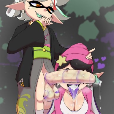 nintendo, splatoon, splatoon (series), callie (splatoon), inkling, marie (splatoon), squid sisters, bodyattk, 1futa, 1girls, absurdly large cock, after sex, after vaginal, all fours, balls