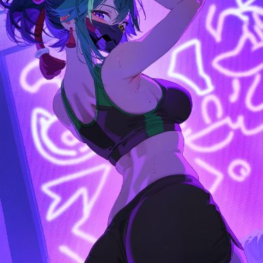 genshin impact, kuki shinobu, 1girls, armpits, arms up, ass, bare shoulders, earrings, from behind, green hair, hair between eyes, hair ornament, indoors, jewelry, looking back