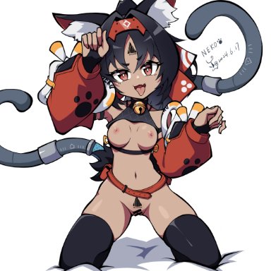 zenless zone zero, nekomiya mana, 3qaq, animal ear fluff, animal ears, bell, black hair, black thighhighs, breasts, bridal gauntlets, cat ears, facial mark, female, forehead mark, hair intakes