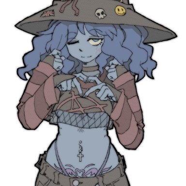 elden ring, ranni the witch, pantsu ripper, 4 arms, alt girl, blue body, blue eyes, blue hair, blue skin, fishnets, goth, goth girl, heart hands, midriff, succubus tattoo