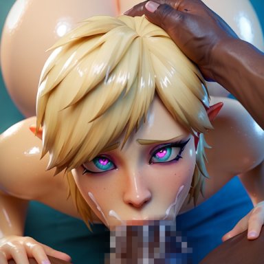 the legend of zelda, link, link (breath of the wild), xwaifuai, 1boy, 1femboy, abs, ass focus, ass grab, better than girls, black male, blonde hair, blue eyes, crop top, dark penis