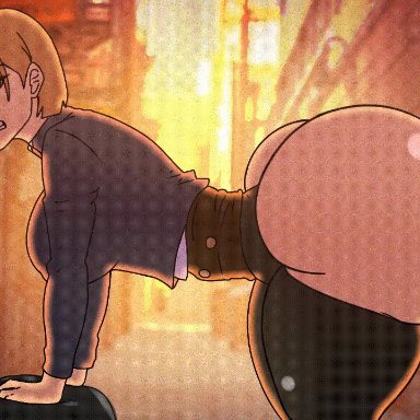 jujutsu kaisen, kugisaki nobara, 1boy, 1girls, alley, ass bigger than head, big butt, bouncing ass, butt bigger than head, clothed, female, human, looking back, male, massive butt