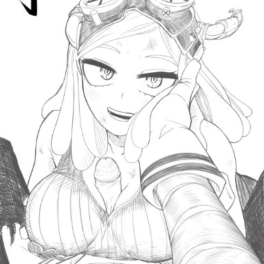 boku no hero academia, my hero academia, hatsume mei, izuku midoriya, mei hatsume, midoriya izuku, boobjob, breasts, first person view, hand on cheek, paizuri, paizuri under clothes, pov, titjob