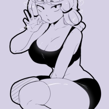 brawl stars, bibi (brawl stars), multiplylayer, beanie, big breasts, blowjob gesture, bra, clothed female, crouching, shorts, stockings, thick thighs, tagme