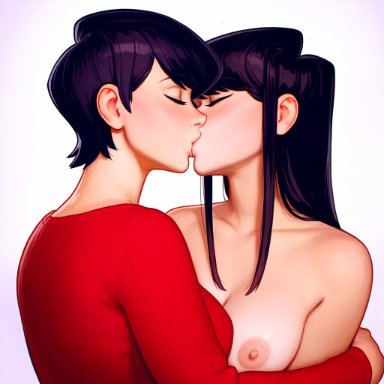 komi-san wa komyushou desu, komi shouko, komi shuuko, ovean, 2girls, closed eyes, clothed, clothed female, clothed male nude female, dark hair, incest, kissing, light-skinned female, mother and daughter, nude female