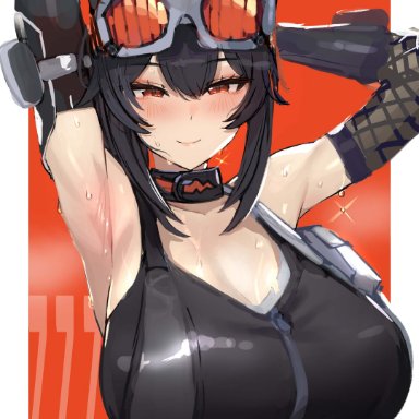 zenless zone zero, grace howard, oystar z3, armpits, big breasts, black hair, blush, breasts, clothed, from side, hands behind head, huge breasts, looking at viewer, orange eyes, ponytail