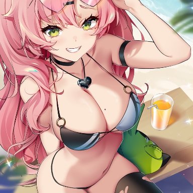 zenless zone zero, nicole demara, rimuu, 1girls, beauty mark, bikini, breasts, choker, cleavage, drink, female, female only, green eyes, heart, heart-shaped sunglasses