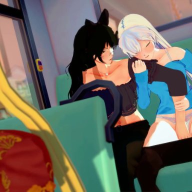 rwby, blake belladonna, original character, weiss schnee, dezerbitch, 2girls, assisted masturbation, black hair, blonde hair, blush, bow, bus, casual clothes, catgirl, exposed shoulders