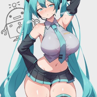 vocaloid, hatsune miku, blue eyes, blue hair, curvy figure, huge breasts, small skirt, small top, small waist, thick thighs, thighhighs, tight clothing, twintails