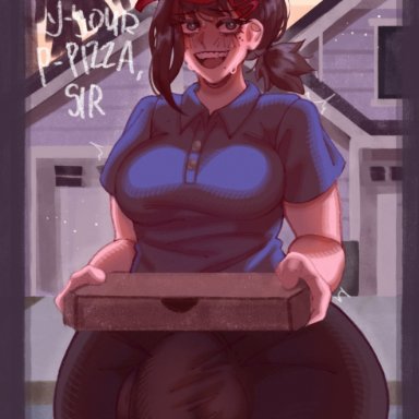 chainsaw man, higashiyama kobeni, mawiedz, 1futa, bottom heavy, bulge, door, futa only, futanari, huge cock, huge hips, human, pizza delivery, standing, talking to viewer