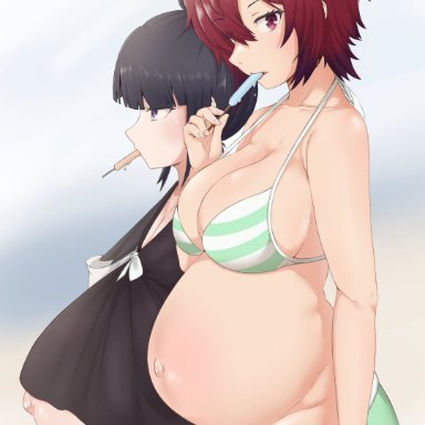 tomo-chan wa onna no ko, aizawa tomo, misuzu gundou, milkfrommilking, 2girls, big breasts, bikini, bikini top, black hair, black panties, black swimsuit, blunt bangs, clothed, clothed female, flat chest