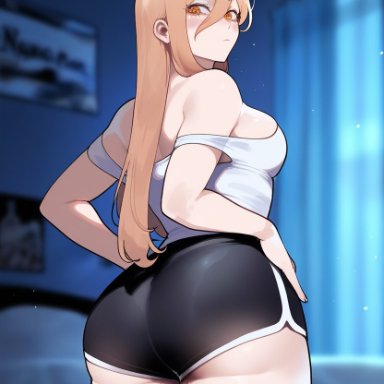 chainsaw man, power (chainsaw man), primosan, ass, ass focus, black shorts, blonde hair, demon, from behind, hands on waist, horns, large ass, looking at viewer, looking back, medium breasts