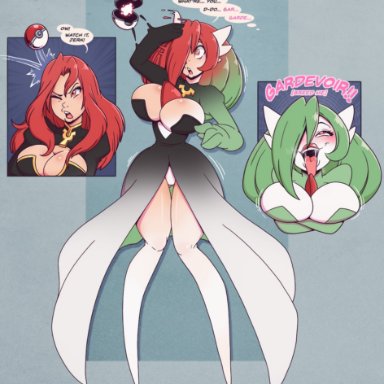 pokemon, gardevoir, pokemon (species), wrenzephyr2, 1girls, blush, breasts, clothing, female, hypnosis, identity death, knees together feet apart, long hair, mind control, open mouth