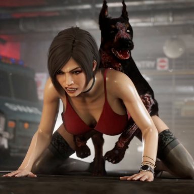 capcom, resident evil, resident evil 2, resident evil 2 remake, ada wong, ada wong (adriana), sensualsirens, 1animal, 1girls, animal, animal genitalia, animal penis, areolae, balls, big ass