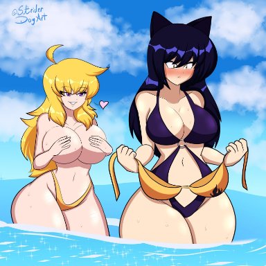 rwby, blake belladonna, yang xiao long, striderdogart, 2girls, accidental exposure, ahoge, animal ears, bikini, bikini malfunction, black hair, blonde hair, blush, blushing, breasts