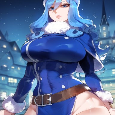 fairy tail, juvia lockser, creamy ai, blue eyes, blue hair, curvy, dress, hat, large breasts, thick thighs, wide hips, ai generated