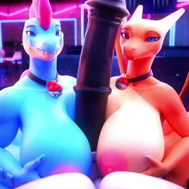 nintendo, pokemon, charizard, feraligatr, generation 1 pokemon, generation 2 pokemon, pokemon (species), yuki (evov1), yukigatr (evov1), yukizard (evov1), evov1, anthro, big breasts, boobjob, breasts