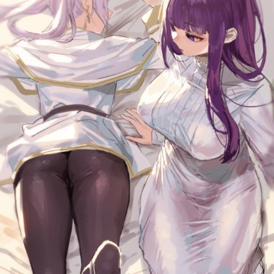 frieren beyond journey's end, fern (sousou no frieren), frieren, kuroi suna, 2girls, big breasts, black legwear, black thighhighs, feet, feet up, female, female only, huge breasts, multiple girls, purple hair