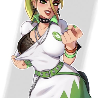 fortnite, fortnite: battle royale, helsie (fortnite), magaska19, 1girls, breasts, choker, curvy female, earrings, fishnets, green eyes, green hair, green hat, green nails, lipstick