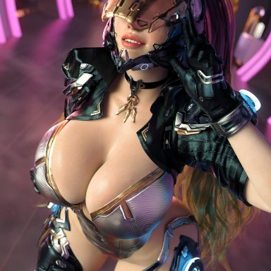 the first descendant, bunny (the first descendant), apone3d, 1girls, big breasts, black gloves, black thighhighs, cleavage, collar, dutch angle, female, gloves, grin, helmet, huge breasts