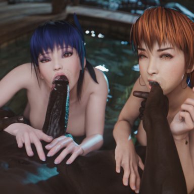 dead or alive, ayane (doa), kasumi (doa), nynx, 1boy, 2girls, asian, asian female, blue hair, dark skin, dark-skinned male, hoop earrings, interracial, light-skinned female, lipstick mark