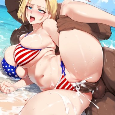 dragon ball, android 18, owner (artist), 1boy, 1girls, ahe gao, american flag bikini, big breasts, bikini, blush, breasts, cum, cum in pussy, cum inside, dark-skinned male