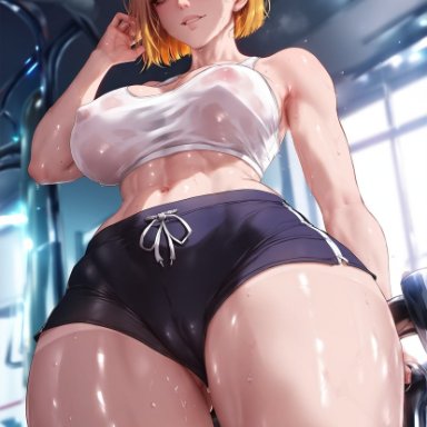 jujutsu kaisen, kugisaki nobara, klausherbert, 1girl, 1girls, abs, after workout, areolae, big ass, big breasts, big butt, biting, booty shorts, breasts, brown eyes