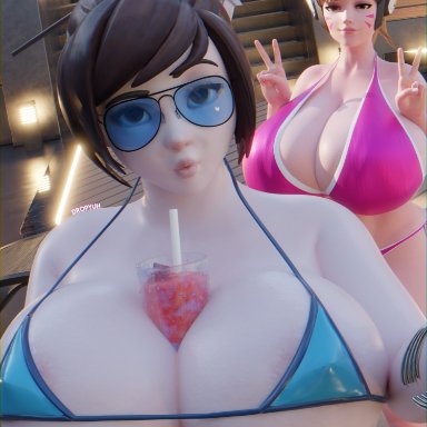 blizzard entertainment, overwatch, overwatch 2, d.va, hana song, mei (overwatch), dropyuh (artist), 1girls, alternate breast size, big breasts, blue nail polish, blue nails, breasts bigger than head, brown eyes, brown hair