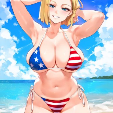 dragon ball, android 18, owner (artist), 1girls, american flag bikini, beach, big breasts, bikini, blush, breasts, female, female only, light-skinned female, smile, solo