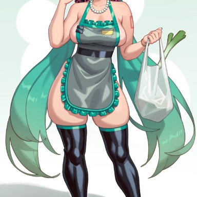 vocaloid, hatsune miku, rizdraws, 1female, apron, breast spill, female, glasses, grin, grinning, grinning at viewer, grocery bag, hatsune milf fu, high heel boots, high heels