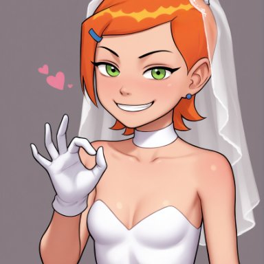 ben 10, gwen tennyson, warmachine0001, 1girls, bride, cleavage, dress, evil smile, gloves, green eyes, orange hair, small breasts, ai generated, tagme