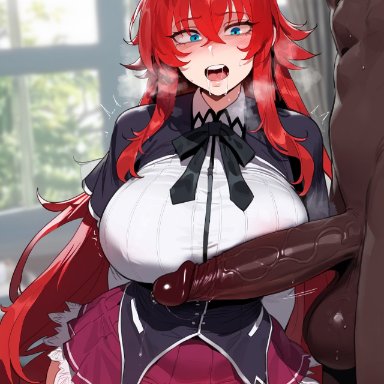 high school dxd, rias gremory, floox, thiccwithaq (ai style), 1boy, 1girls, ass, blue eyes, breasts, dark skin, dark-skinned male, dat ass, female, hips, huge ass